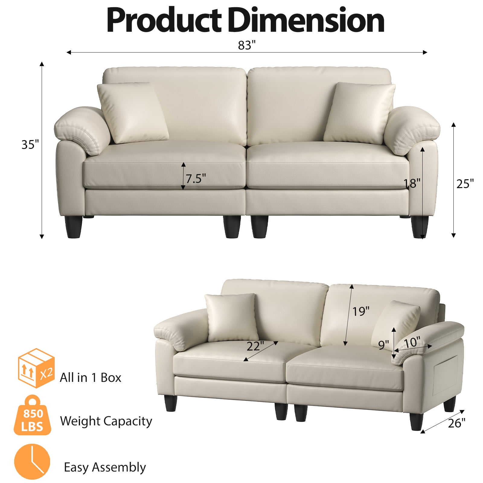 83" Couch Premium PU Leather Sofa, Comfy Extra Deep Seat 3 Seater Couch for Living Room, Oversized Loveseat with 2 Pillows, Beige