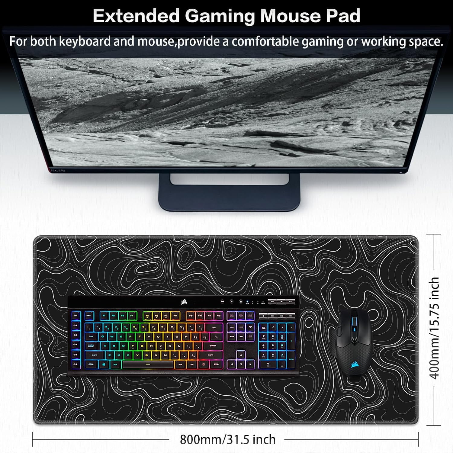 Gaming Mouse Pad, Topographic Contour Mouse Pad 31.5x15.7inch Large Extended Computer Mouse Mat Keyboard Full Desk Mousepad for Gaming, Office, Home