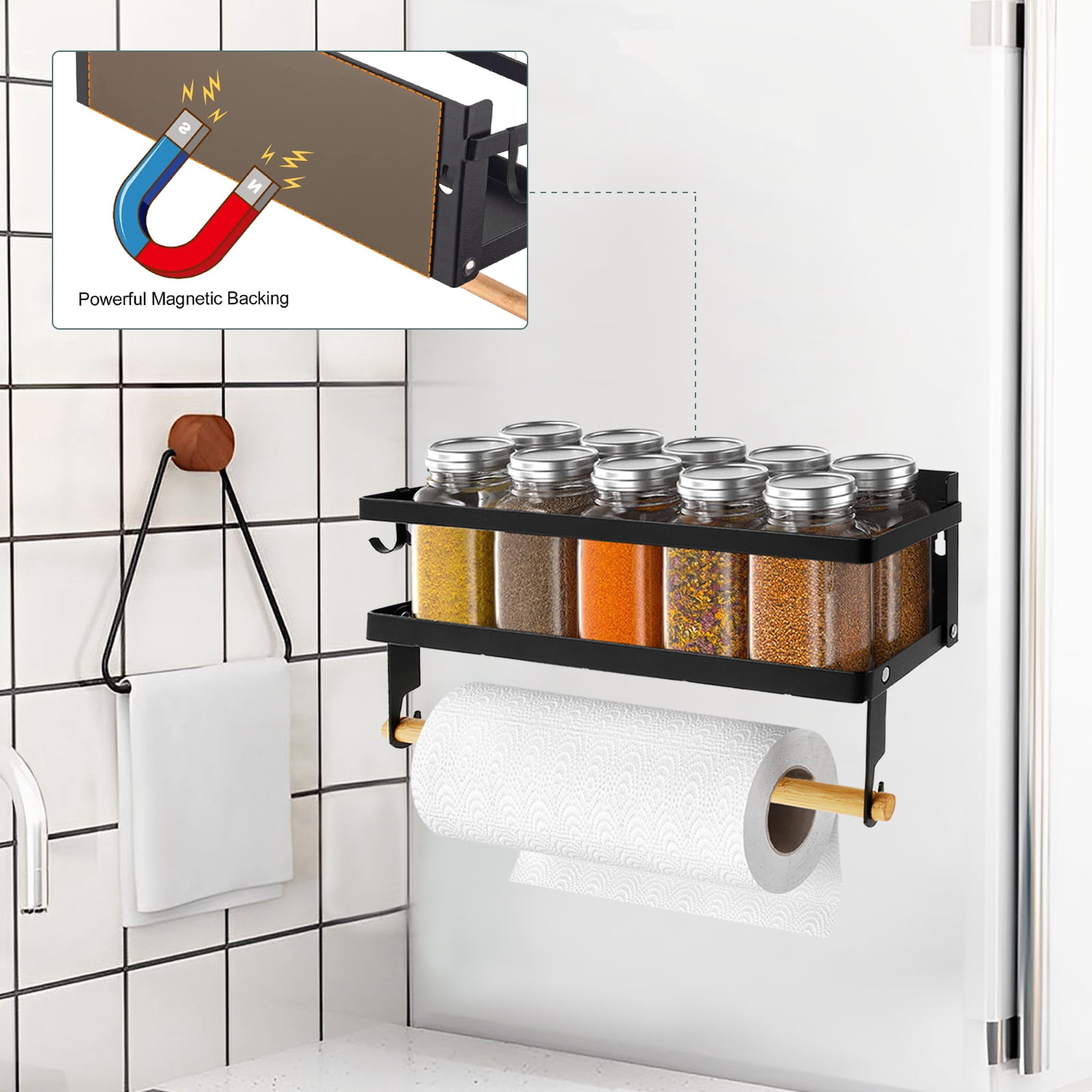 FUYGRCJ Magnetic Spice Rack with Paper Towel Holder Roll and 2 Hooks Magnetic Shelf Foldable Spice Organizer