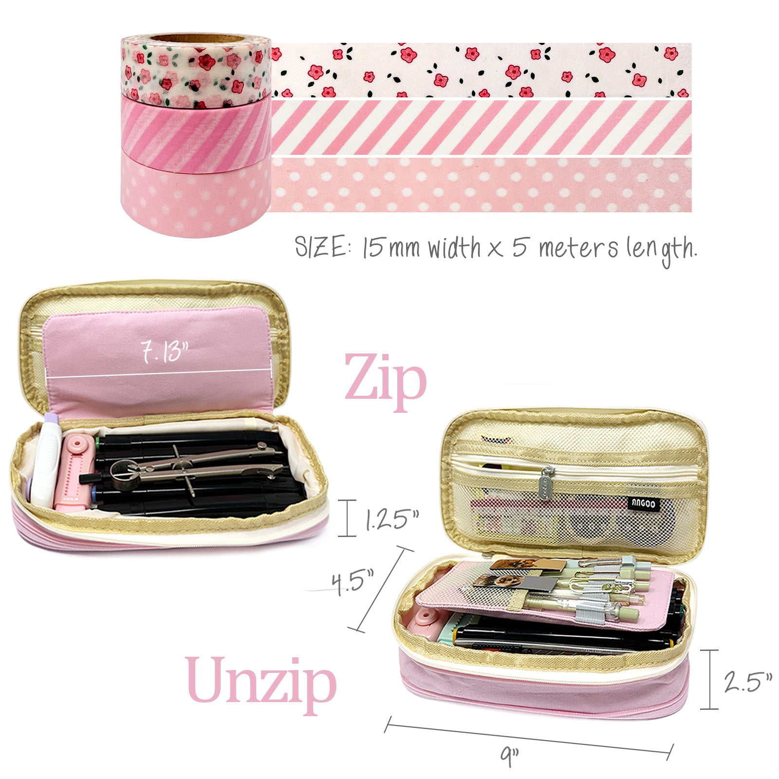 allydrew Large Capacity Pencil Case, Expandable Pencil Pouch with 3 Washi Rolls, Pink