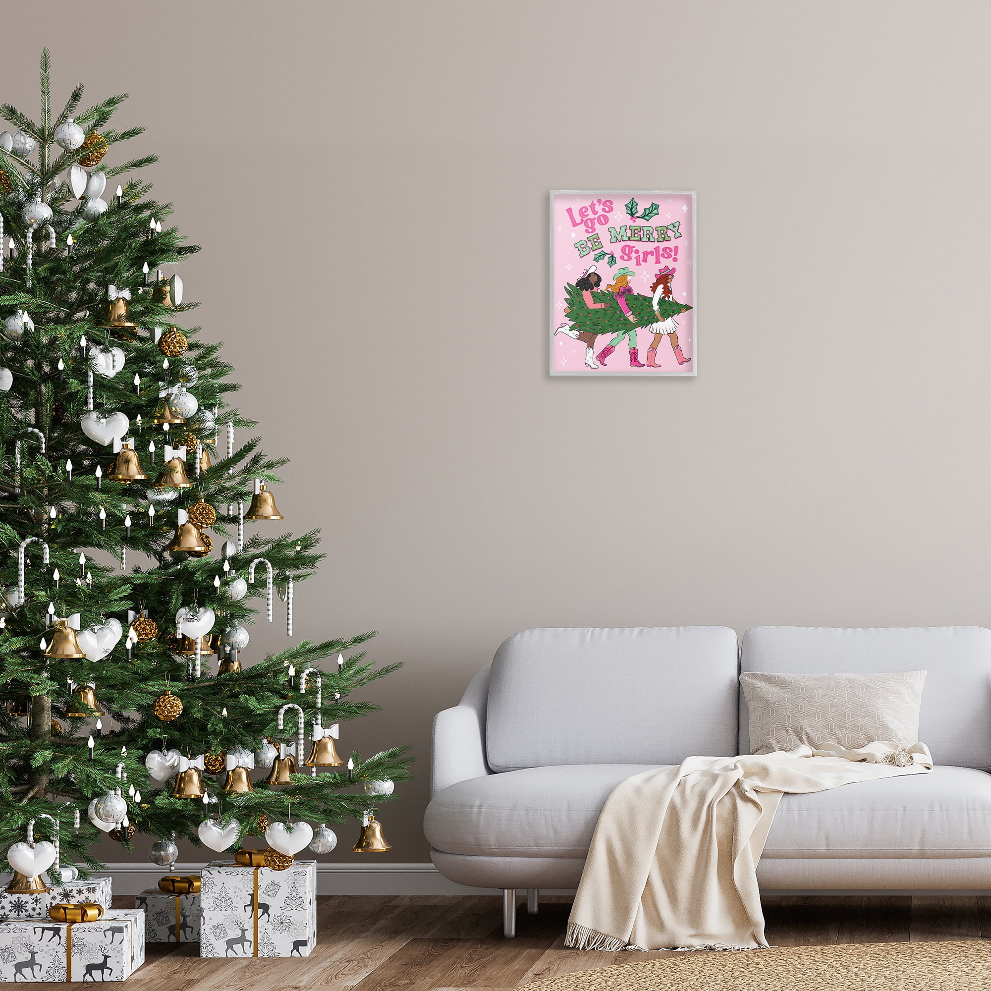 Stupell Industries Be Merry Christmas Cowgirls Holiday Painting Gray Framed Art Prints Wall Art, 16 x 20