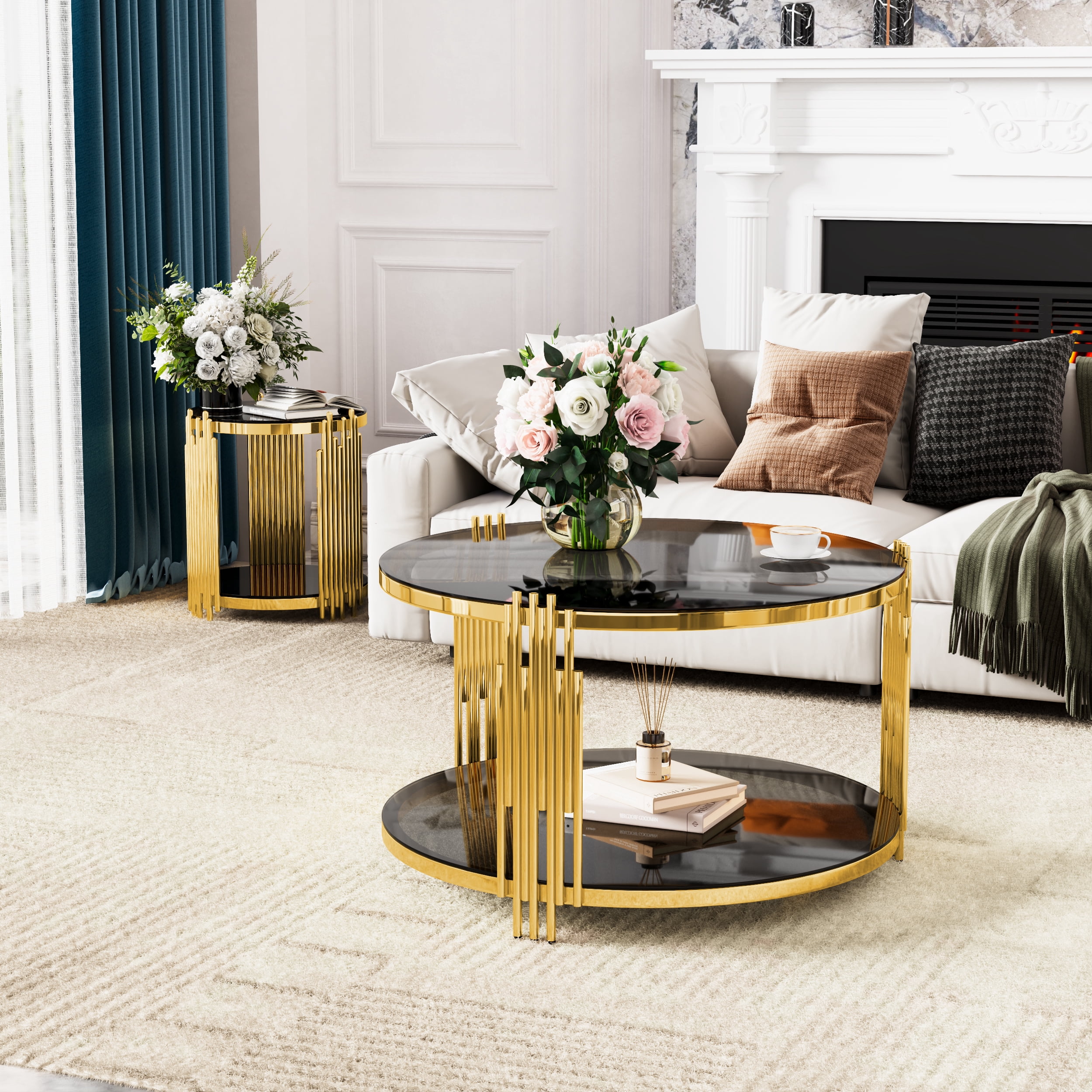 Euroco Living Room Table Set of 3 with 1 Coffee Table and 2 End Tables, Round, Tempered Glass, Asymmetrical Metal, Gold Finish & Lower Shelf, 31.5"