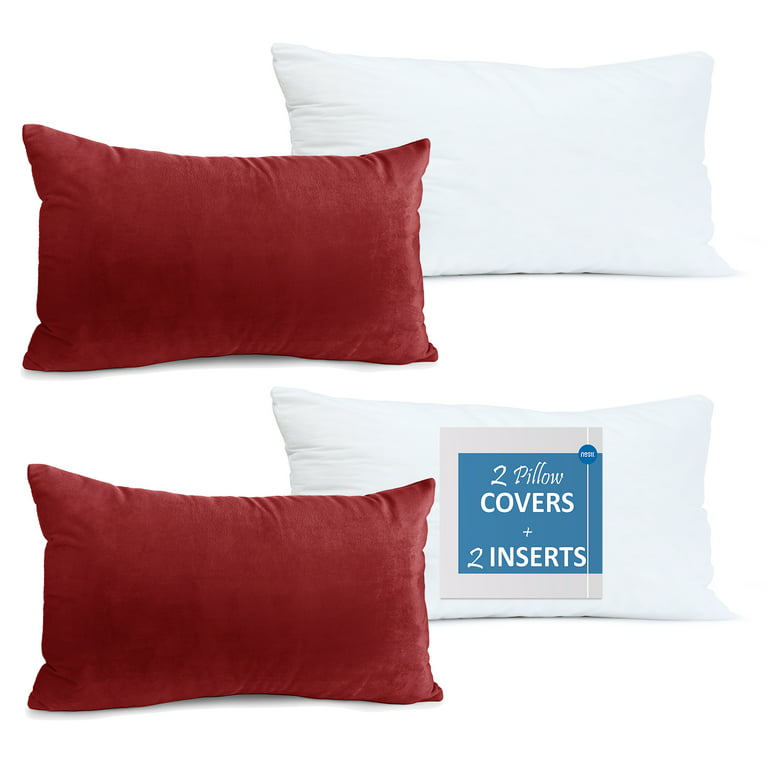 Nestl Plush 2 Pack Solid Decorative Microfiber Rectangle Throw Pillow Cover  with Throw Pillow Insert for Couch, Red, 12 x 20 
