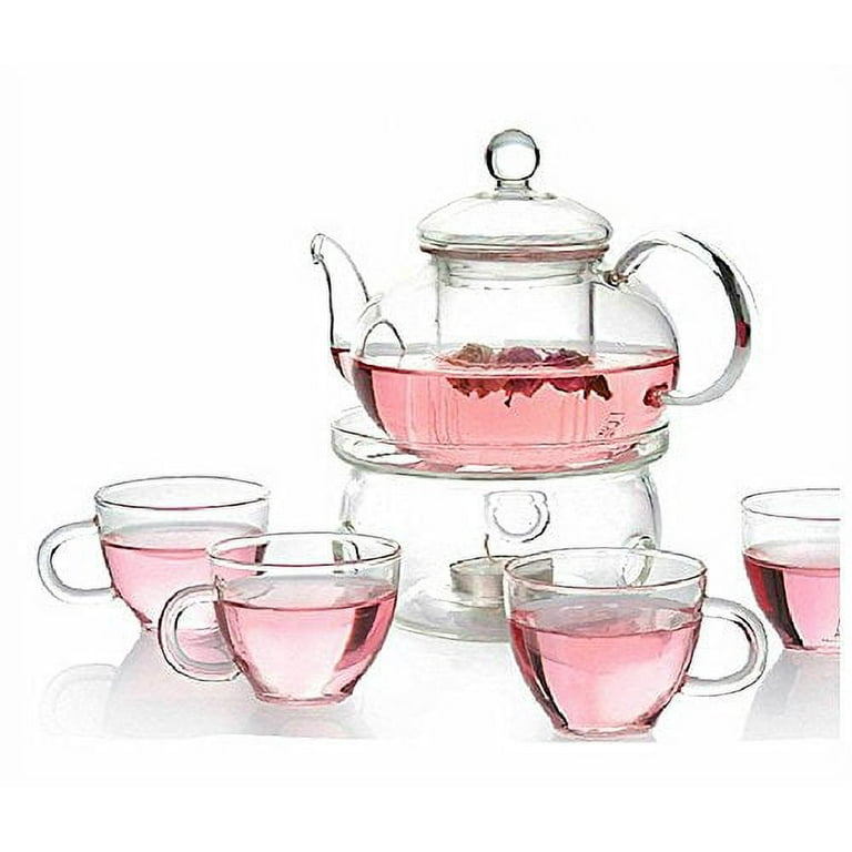 Glass Tea Set - 5-Piece Clear Glass Teapot and Teacup Set for Home Kitchen  and Living Room Use 