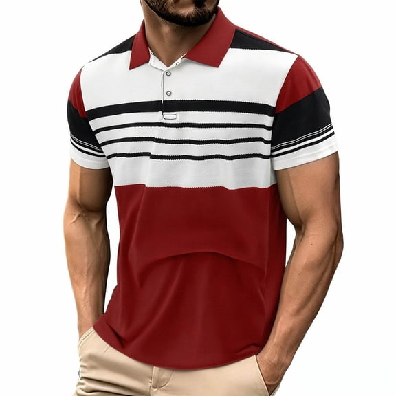 JOANKDMI Striped Shirts for Men Short Sleeve Casual Golf Tees Classic Fit Color Block Button Down Tops Moisture Wicking Breathable Tennis Daily Pullover S-5XL