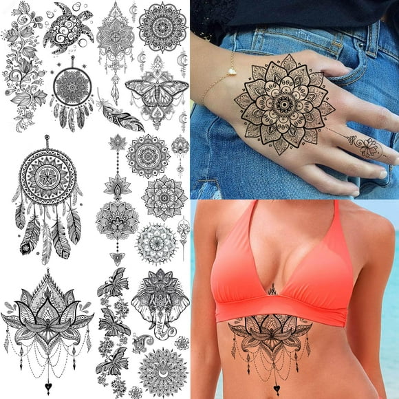 6 Feuilles FANRUI Tatouages Temporaires Noirs Lotus pour Femmes Dentelle Mandala Fleur Tatouages Encre Grand Imperméable Lotus Faux Bijoux Pendentif Papillon Kit Autocollants Tatouage Attrape-Rêves Plume