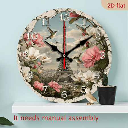 2D Flat 1pc 10Inch Paris Eiffel Tower French Floral Wall Clock - Round Vintage Bohemian Wood Timepiece with Quartz Movement, French Numbers (1-12), Pink Roses Green Foliage Design for Living Roo