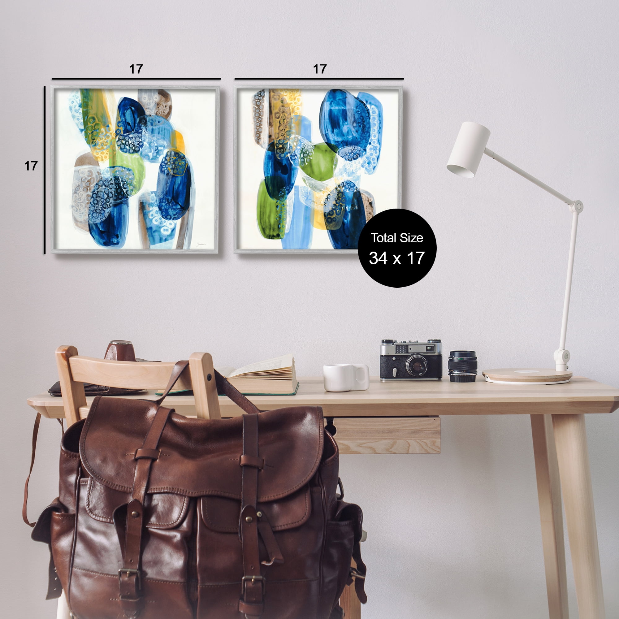 Stupell Industries Abstract Blue Pebbles Abstract Painting Gray Framed Art Print Wall Art, 17 x 17, Set of 2