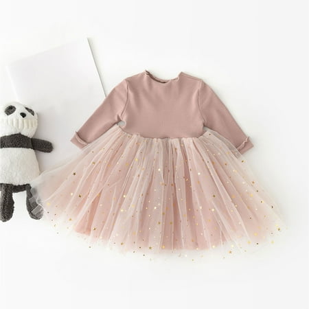 

THE WILD Girls Dresses Fashion Patchwork Tulle O-Neck Long Sleeve Midi Prom Dress Pink