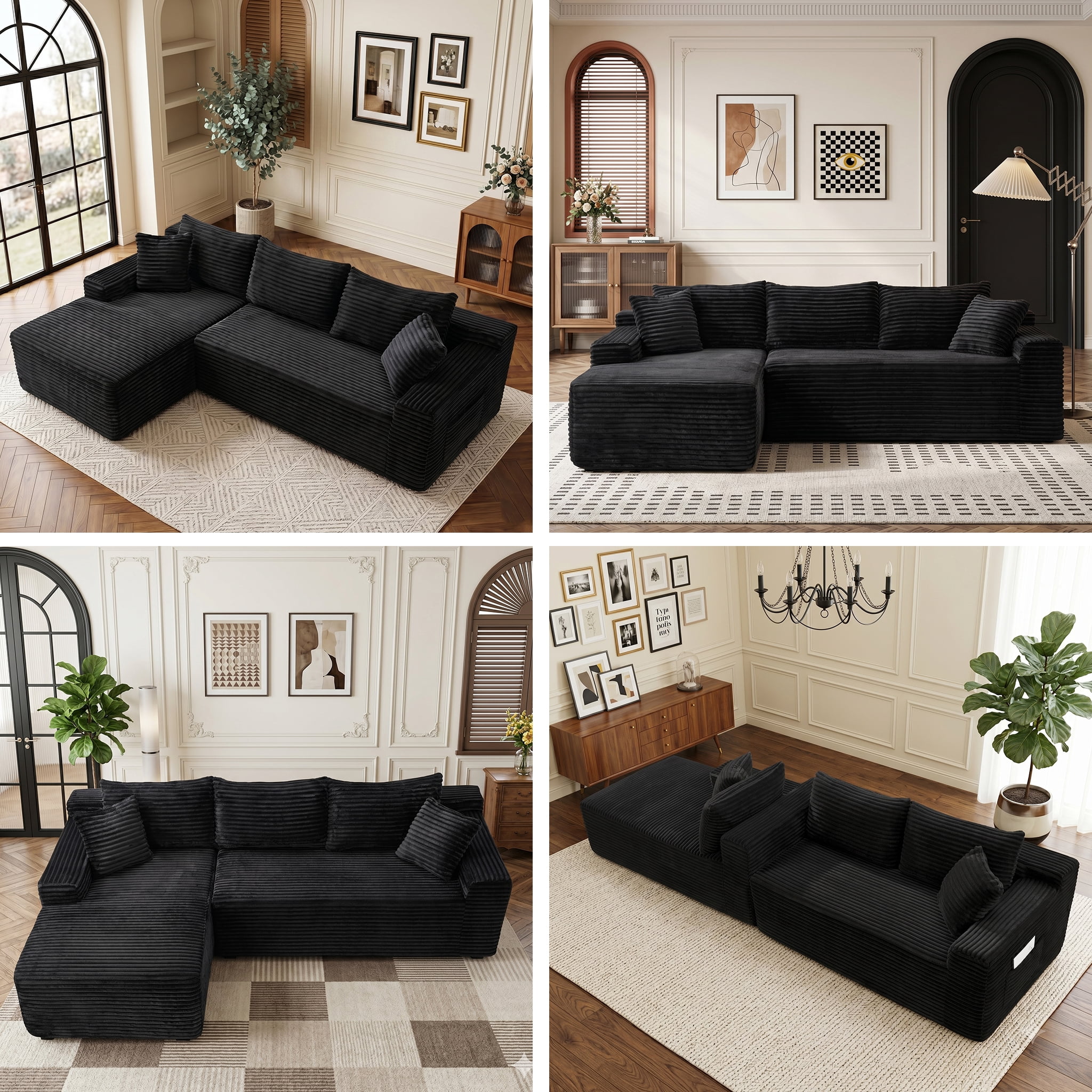 Xiweot 106" Cloud Sectional Sofa Deep Seat Boneless Couch L-Shaped Modular Couch, Modern Left Chaise Corduroy Upholstered Sofa with Side Pockets for Living Room, Black