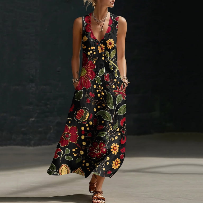 cute modest summer dresses NSLGXD Plus Size Modest Dresses for Women Cute Print Summer Sleeveless  T-Shirt Dress Wrap V Neck Flowy A Line Maxi Dresses with Pockets S-3XL