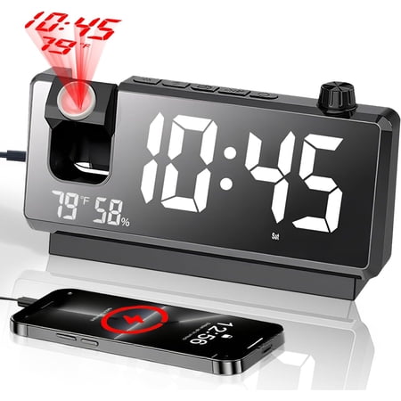 Projection Alarm Clocks for Bedrooms - 2025 New Alarm Clock with 180° Rotatable - Digital Clock with Clear LED Display, Loud Dual Alarm Clock for Heavy Sleepers, Kids Elderly, Snooze, USB Charger