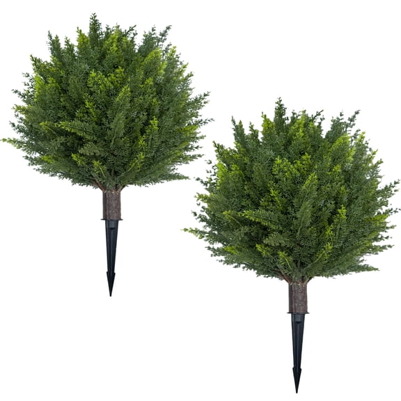 18.1 in High Set of 2 Artificial Cedar Topiary Ball Trees, UV Resistant Outdoor Fake Plants with Ground Spike, Faux Evergreen Bushes for Indoor Front Porch Garden