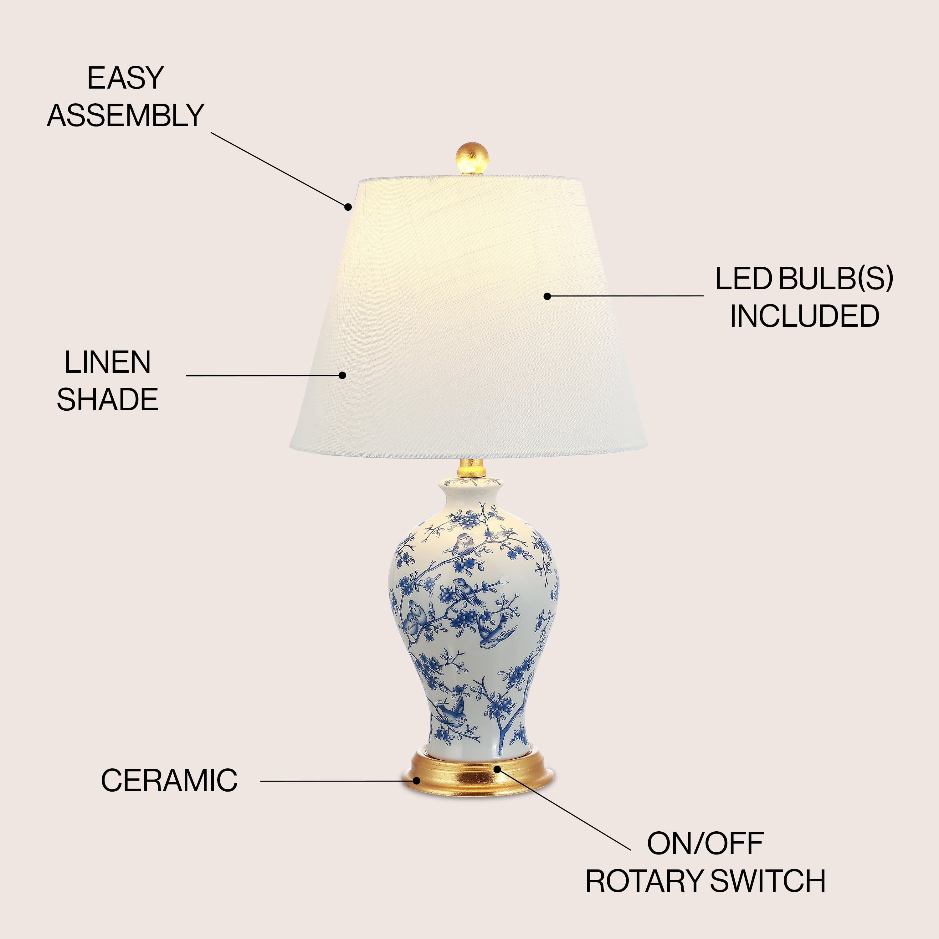 JONATHAN Y Grace 24" French Country Cottage Ceramic/Iron Floral Urn LED Table Lamp, Blue/White, JYL3009B