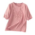 thumbnail image 2 of iHengLiXing Plus Size Womens Tops Dressy Casual Womens Spring Summer Solid Color Embroidery Casual Loose T-Shirt Short Sleeve Round-Neck Linen Blouse Pink XXXXL, 2 of 3