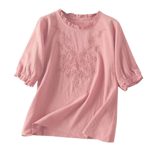 Birdeem Blouses pour Femmes Printemps Été Couleur Unie Broderie T-Shirt Décontracté Manches Courtes Col Rond Hauts Blouse en Coton Lin