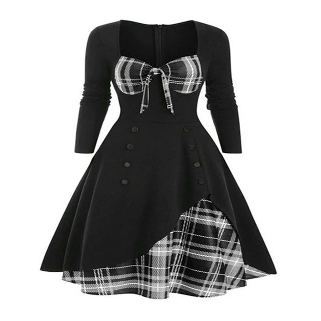 AMERTEER Robe Patchwork Printemps Automne pour Femmes Manches Longues Col Carré à Carreaux Fermeture Éclair Robe Trapèze