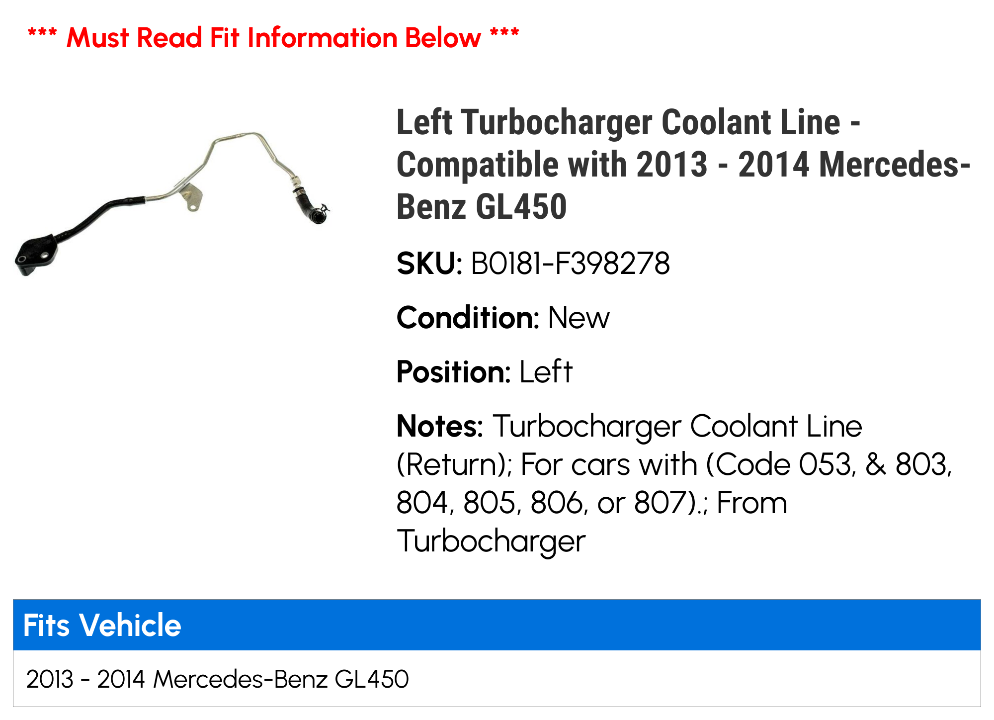 Left Turbocharger Coolant Line - Compatible with 2013 - 2014