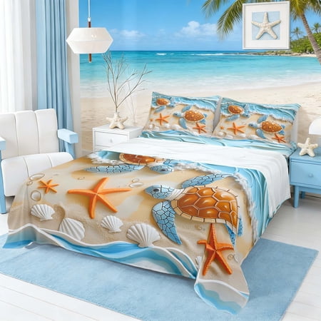 Manfei 3D Turtle Full Size Sheets for Kids Boys and Girls Starfish Seashell Bed Sheets 4 Pieces 1 Flat Sheet 1 Fitted Sheet and 2 Pillowcases