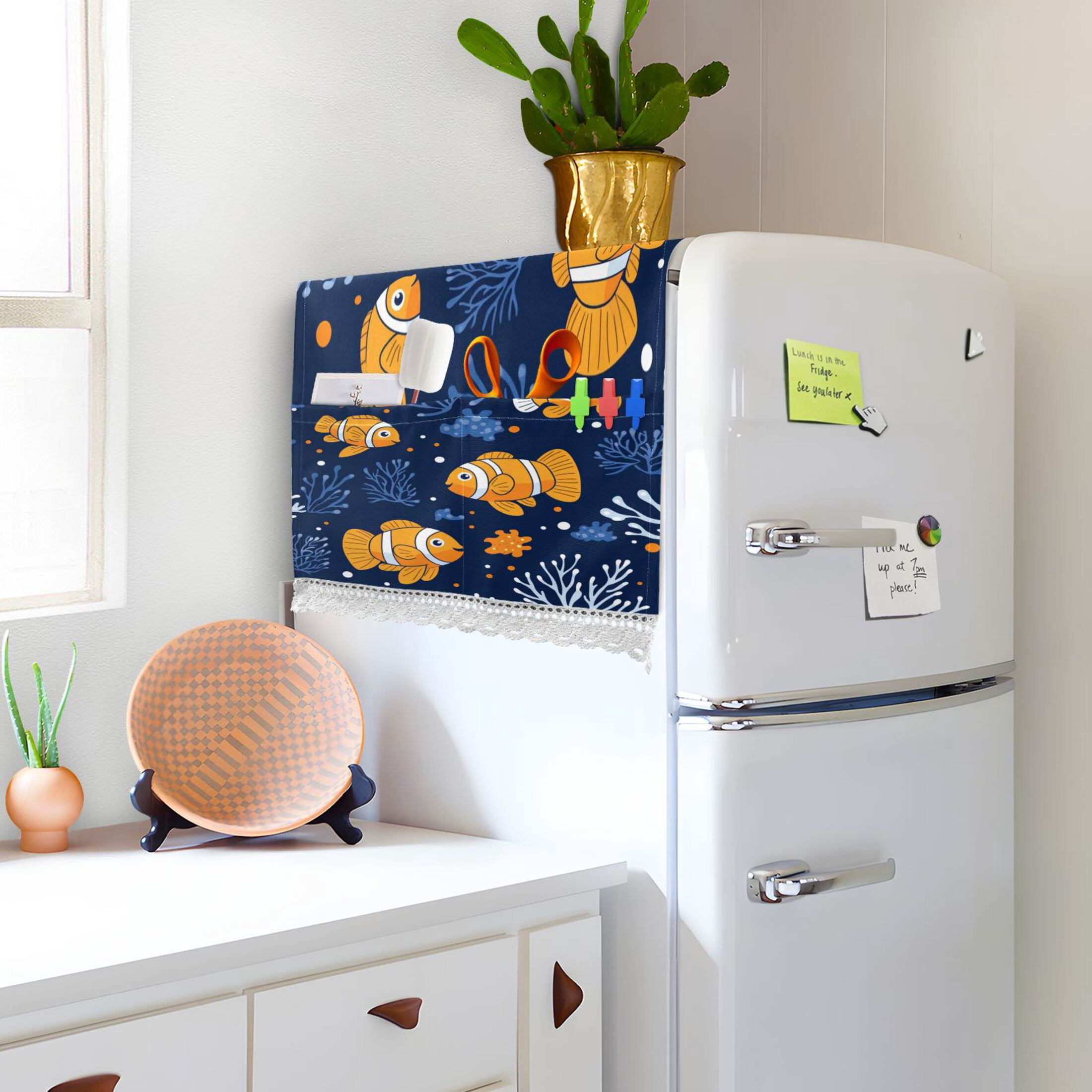 Washing Machine Cover 51.2x22in, Durable Polyester Dust Cover with Lace Trim and Side Pocket for Appliances Cute Clownfish Pattern