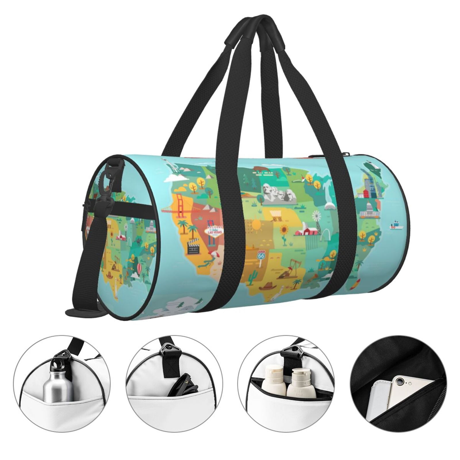 Defioc USA Tourist Map for Travel Duffle Bag,Weekender Bag Carry On Tote Bags Hospital Bag Large Capacity Sport Gym Bag for Men Women Fit for Trave, Gym,Weekend