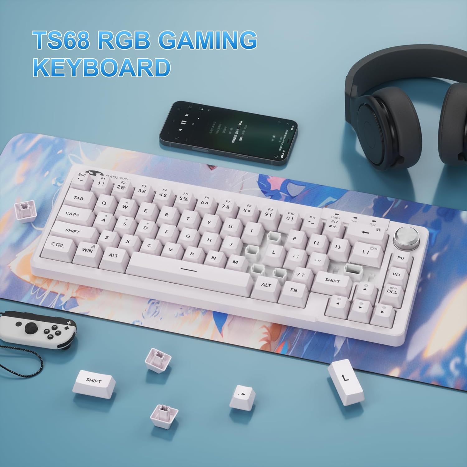 MageGee 60% Gaming Keyboard - TS68 Compact Mechanical-Style Tactile Feel, RGB Backlit with Smart Knob, 68 Keys Ergonomic Design, 18-Key Anti-Ghosting