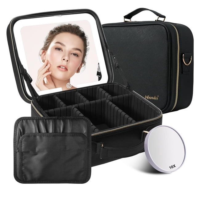 Mocado Bolsa de maquillaje de viaje con espejo iluminado LED, organizador de maquillaje de viaje, estuche de maquillaje con 3 colores iluminados y espejo de aumento 10x, almacenamiento portátil y caja