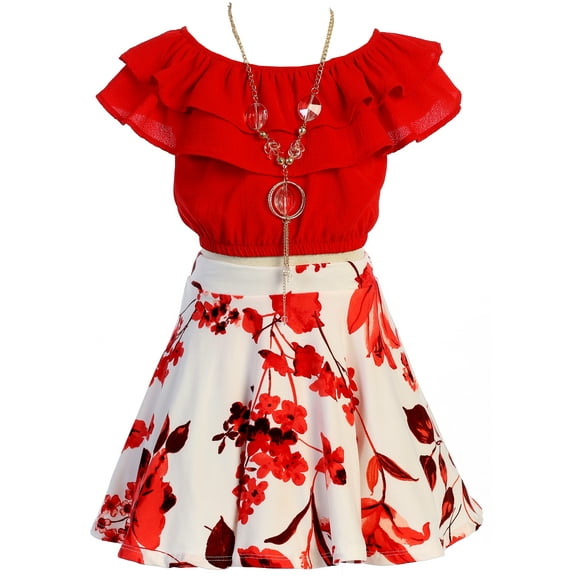 Little Girl 3 Pieces Ruffle Top Skirt Necklace Summer Clothing Skirt Set Outfit Outfit Red White 4 JKS 2130S BNY Corner