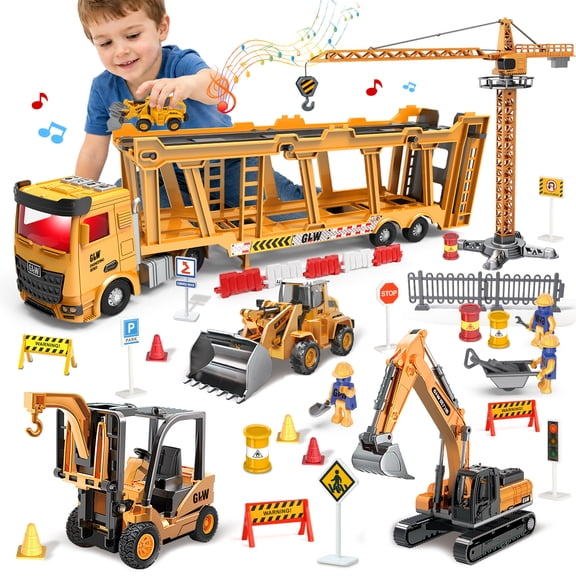 UQN Construction Crane Truck Toy for Boys 3-6 Years, Alloy Construction Vehicle Toy Set w/Light & Sound, Excavator Cars Gifts for Age 3 4 5 6 7 Years Old Boys Kids