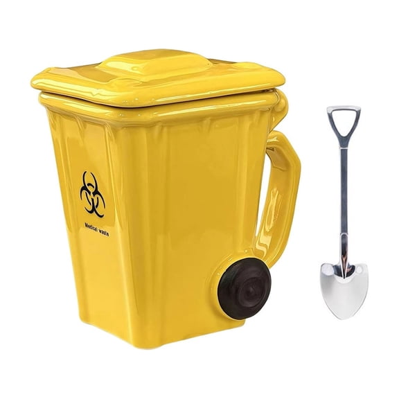 CaiYueKe Trash Can Shaped Ceramic Mug with Lid, Funny Recycling Bin Coffee Cup for Office Desk, Novelty Drinkware with Spoon for Tea Hot Cocoa, Quirky Gift for Coworker Colleague Home Daily Use