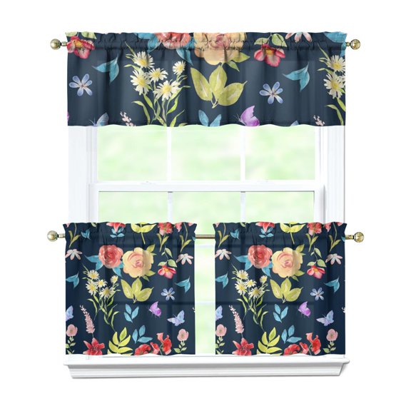 Rustic Floral Print Curtains 24 Inch - 3 Panel Vintage Country Set with Bohemian Wildflowers, Rod Pocket Window Treatment