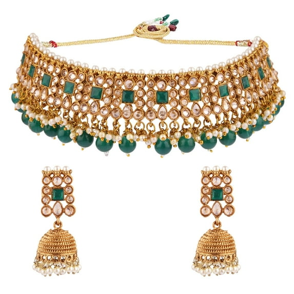 Efulgenz Antique Vintage Indian Jewelry Wedding Set for Women Green Kundan Crystal Faux Pearl Bridal Choker Neckalce Jhumka Earrings Traditional Necklace Set Bollywood Jewelry