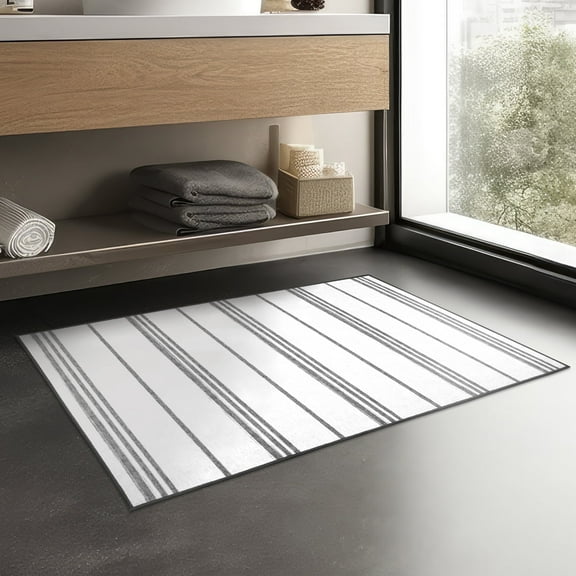 My Magic Carpet 3'x5' Machine Washable Non-Slip Kitchen Entryway Area Rug - Stripe Grey And White