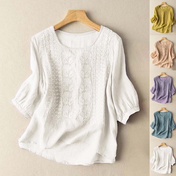 Women's Cotton Linen Embroidered Tunic Top, Casual Loose Fit Short Sleeve Blouse with Embroidery, Bohemian Summer Shirt, Blue