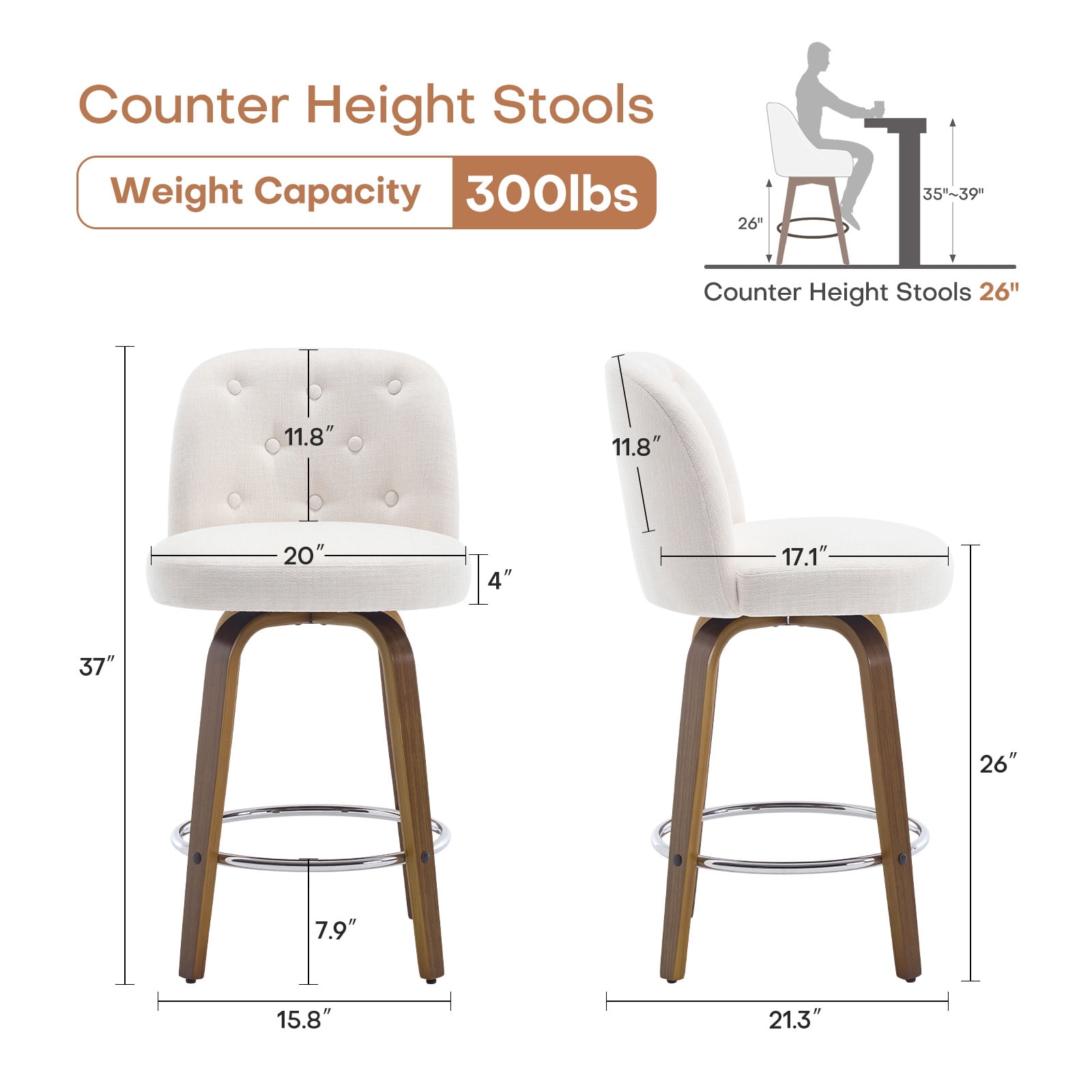 Foreate Swivel Bar Stools Set of 2, 26" Upholstered Linen Fabric with Button-tufted Mid-Back & Wood Legs, Modern Chair Kitchen Pub Island Counter Stool