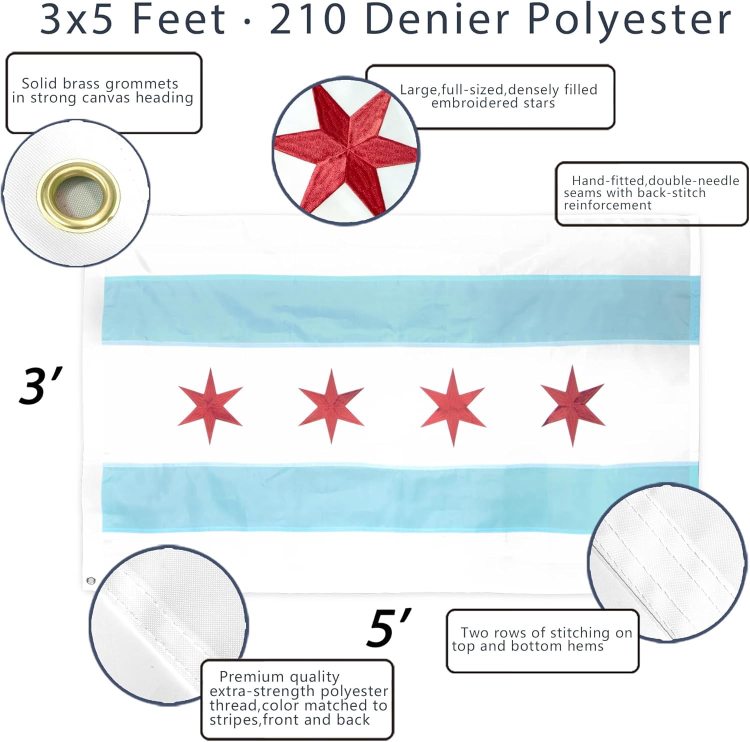 Anley EverStrong Series City of Chicago Flag 3x5 Ft - Embroidered and Sewn Stripes 210D Polyester - Chicago IL Banner Flags