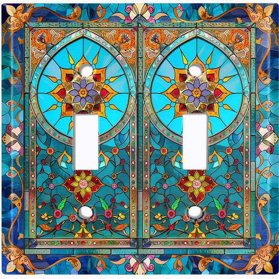 Metal Light Switch Wall Plate Outlet Cover (Printed Image of Stained Glass Flowers - Double Toggle)