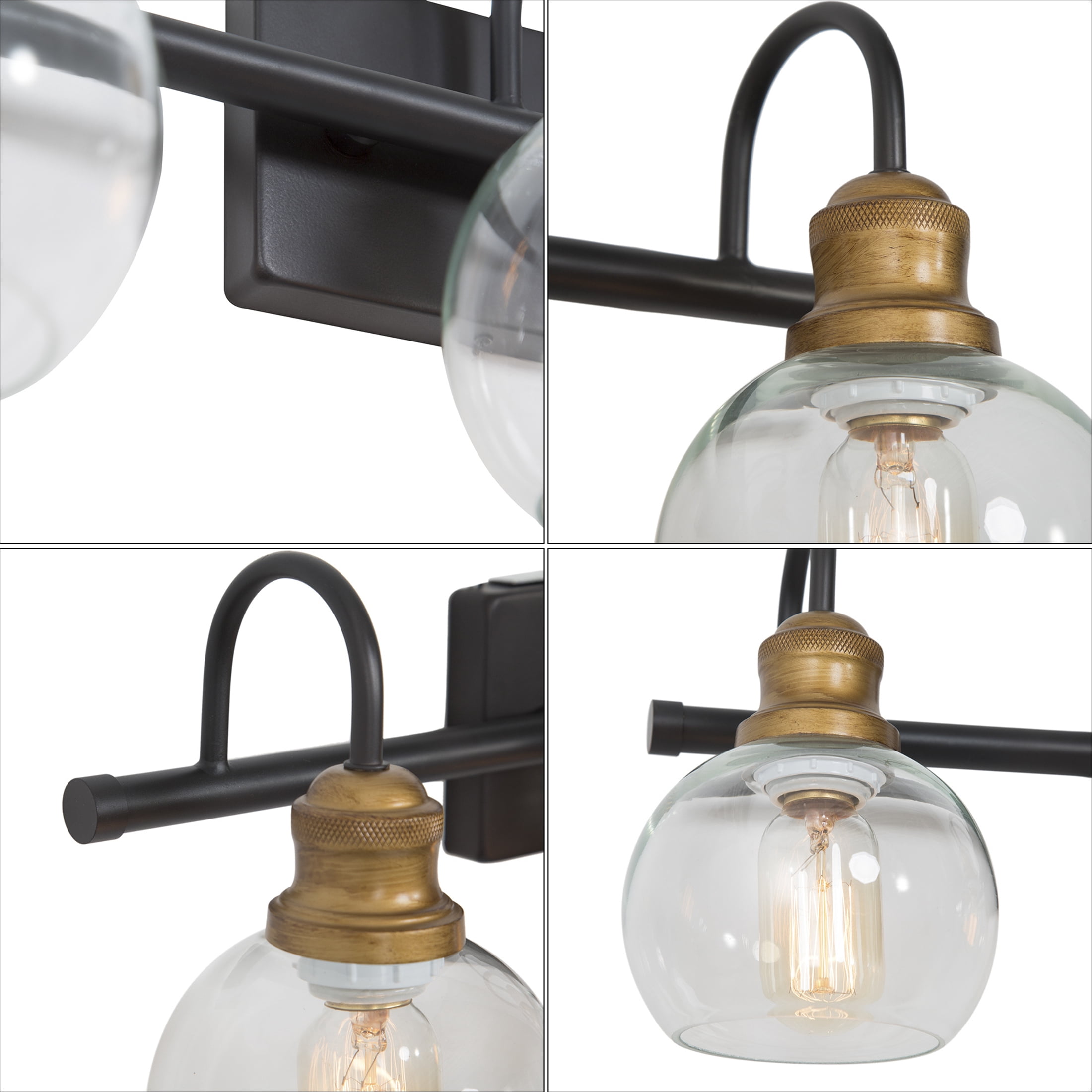 LNC 3-Light Black Round Clear Glass Modern Bathroom Vanity Lighting Fixutre