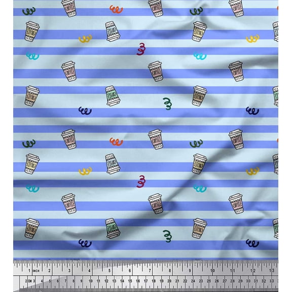 Soimoi Blue Poly Georgette Fabric Coffee Cup & Stripe Printed Craft Fabric by the Yard 42 Inch Wide