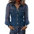 thumbnail image 3 of KLHDSF Denim Shirt Women Button Down Mesh Long Sleeve Jean Shirts Chambray Pearl Snap Shirt, Trendy Spliced Jean Tops, Chest Pockets, Daily Wear Dark Blue XL, 3 of 7