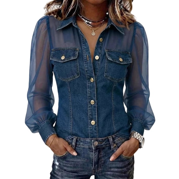 Domzest Women’s Vintage Faux Denim Shirt Sheer Mesh Long Sleeve Denim Tops Button Down See Through Jean Top with Chest Pocket Blue S