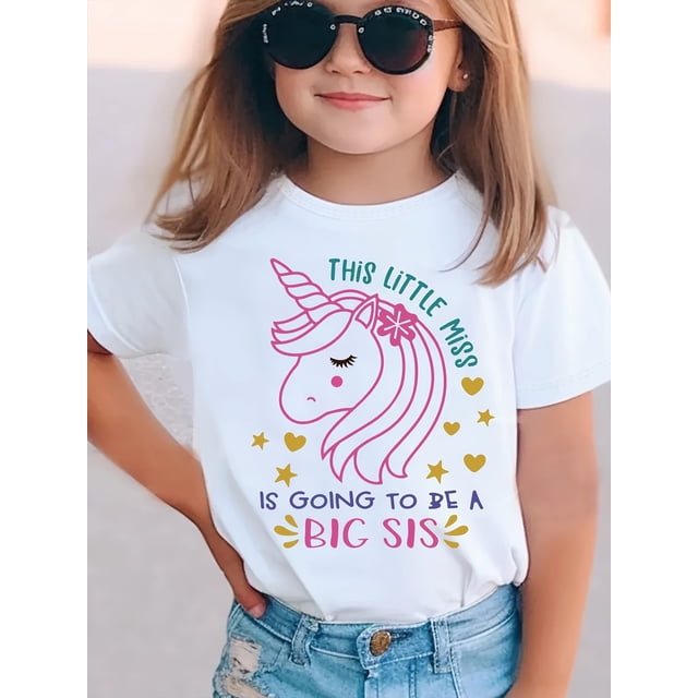 T-shirt d'Annonce "Big Sis" Licorne - Haut en Tricot Décontracté à Col Rond en Coton avec Motif Alphabet, Élasticité Moyenne, Coupe Régulière pour Printemps/été/automne