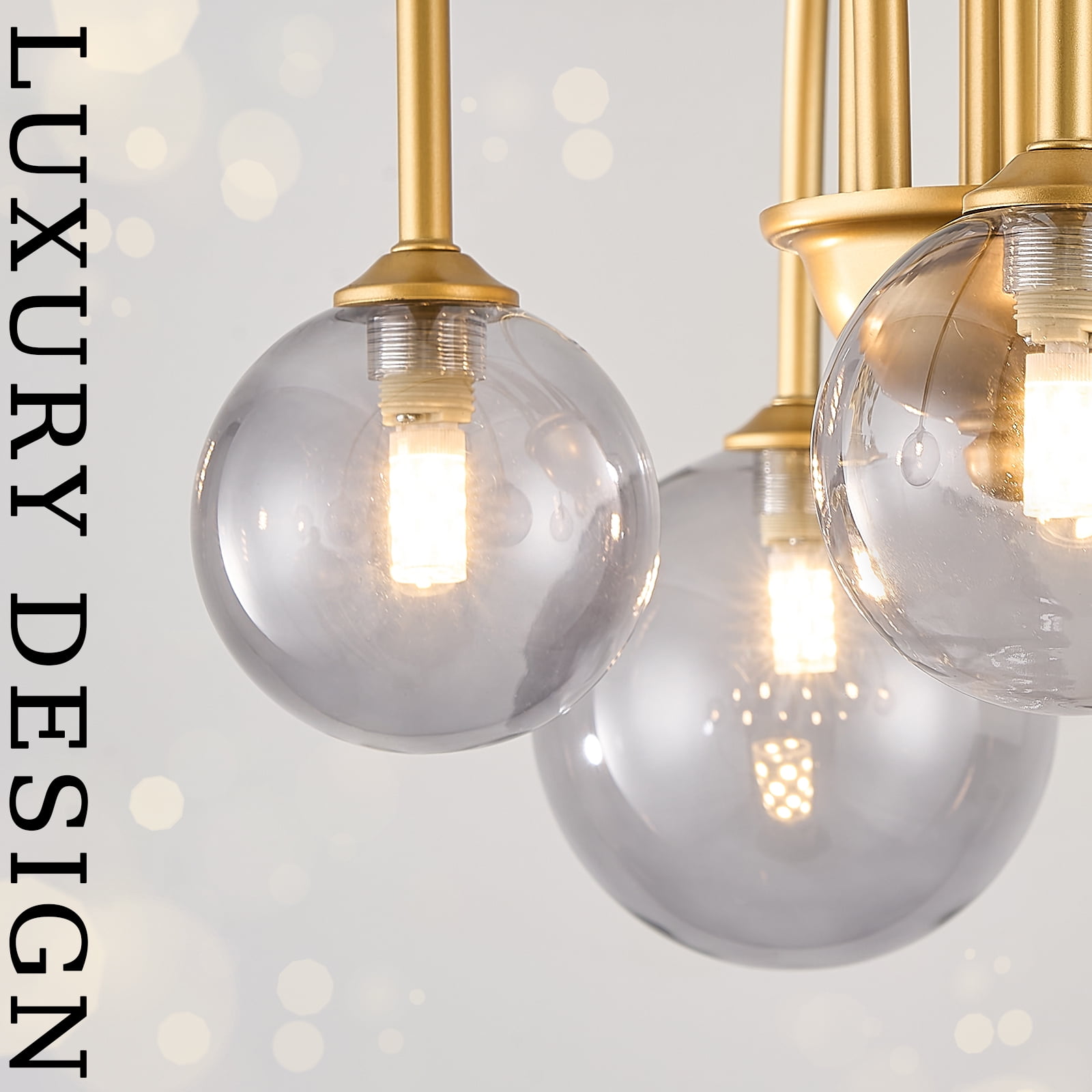 Modern Gold Chandelier, 6 Lights Sputnik Chandeliers Large L40”Mid Century Ceiling Pendant Light Fixtures with Smoke Glass Globe Shades for Living Dining Room Foyer Bedroom