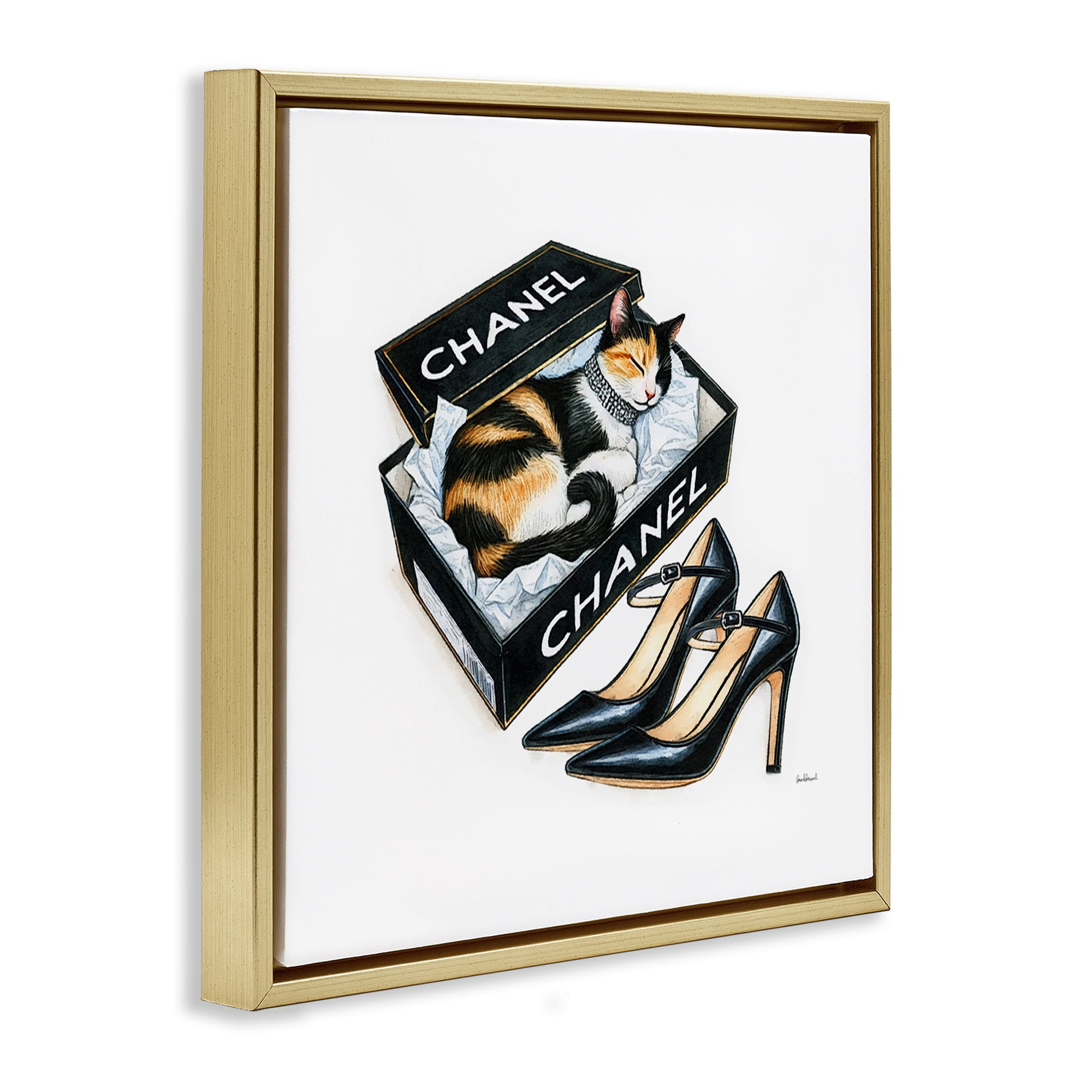 Stupell Industries Cat Sleeping Heels Box Animals Painting Gold Floater Framed Canvas Art Print Wall Art, 18 x 18