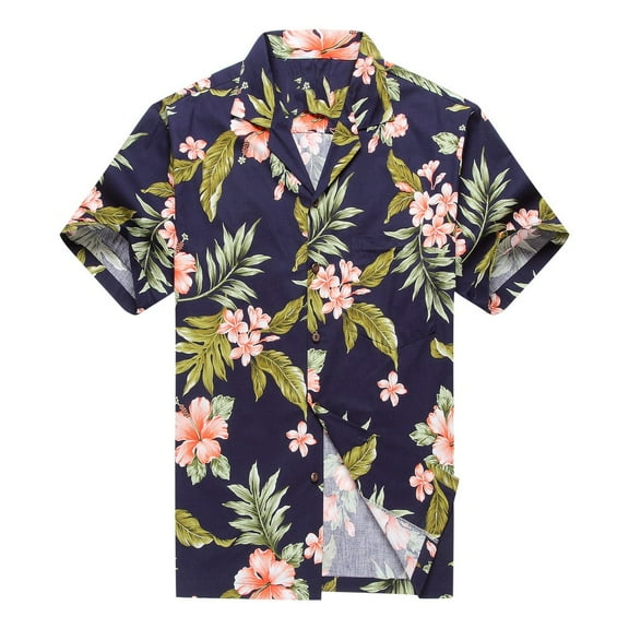 Made in Hawaii Men's Hawaiian Shirt Aloha Shirt Cluster Floral Leaf in Navy and Pink