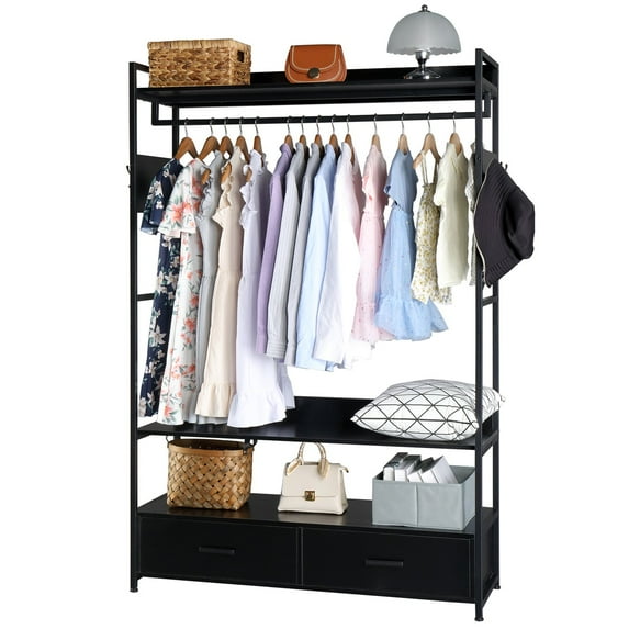 IVV Industrial 71" Wardrobe Organizer with Clothing Hanger Rod, 2 Bottom Storage Drawers, Sides Hooks, Heavy Duty Metal Clothes Rack for Bedroom, Black