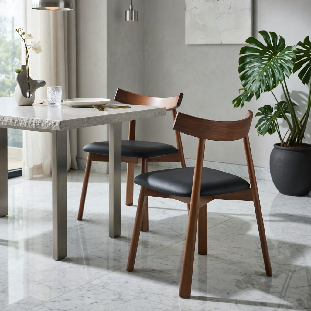 Hommoo 2-Pack Solid Wood Dining Chairs with PU Cushions & Ergonomic Curved Backrest, Modern Farmhouse & Scandinavian Style Home Dining Set, Black & Walnut