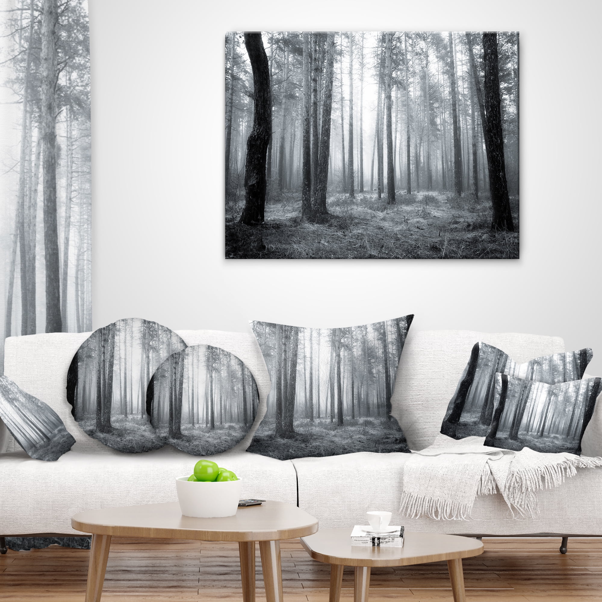 Designart Black and White Foggy Forest - Forest Throw Pillow - 12x20