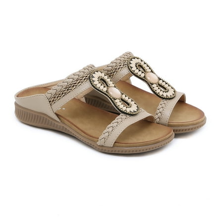 

Women‘s Boho Round Toe Flat Sandals Open Toe Slip-on Rhinestone Decor Comfy Slippers Women‘s Beachwear Slides