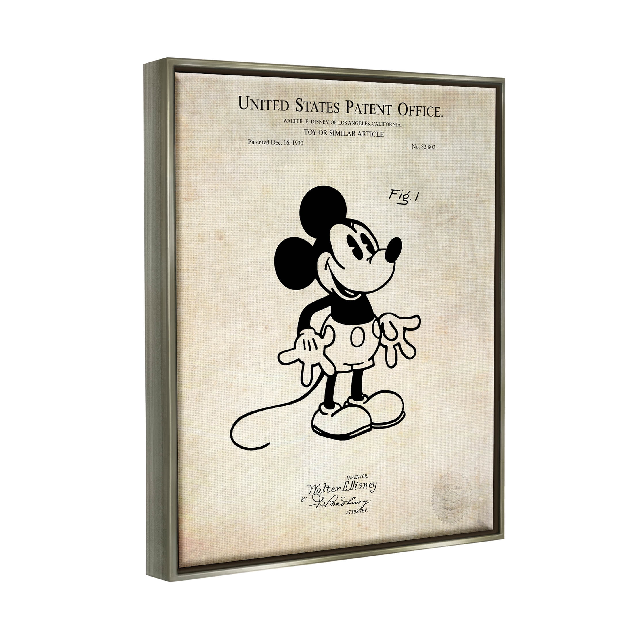 Stupell Industries Vintage Mouse Character Patent Graphic Art Luster Gray Floating Framed Canvas Print Wall Art, Design by Karl Hronek